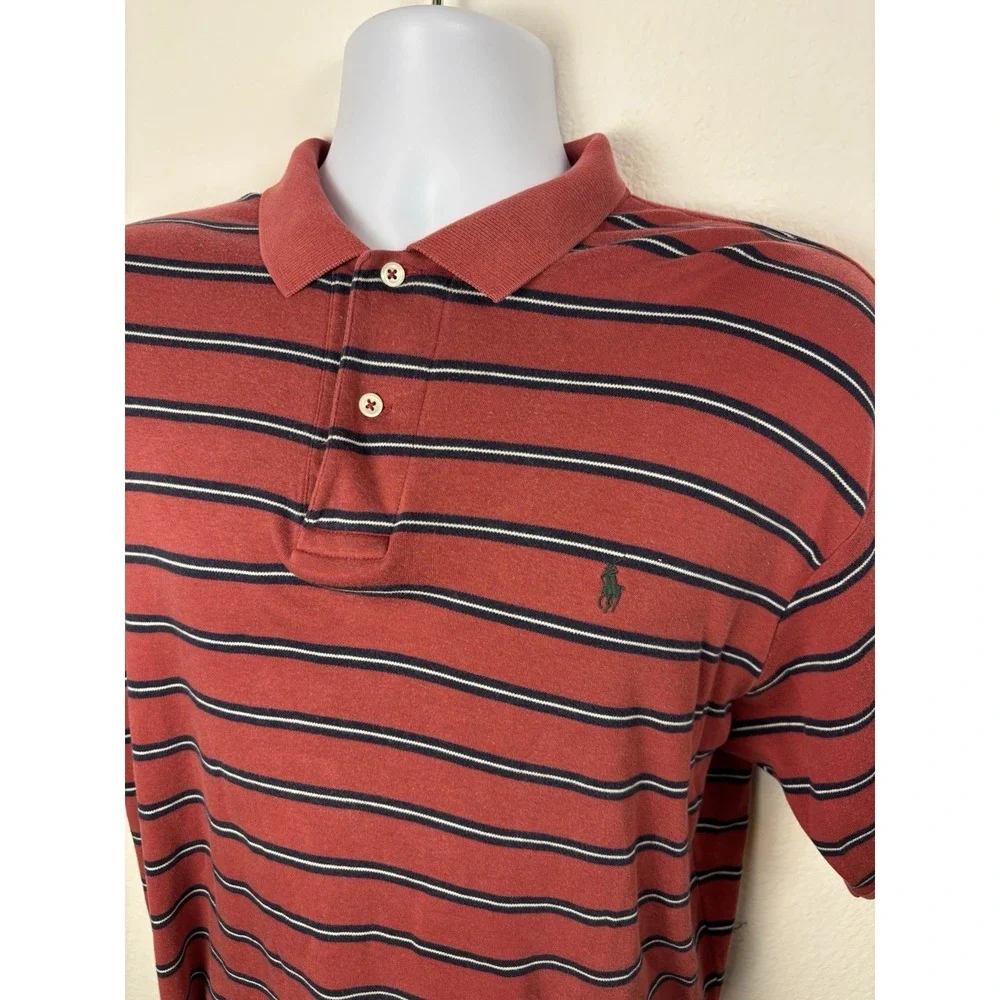 POLO Ralph Lauren Mens L Polo Shirt Red Navy Striped Short Sleeve Preppy Vtg 90